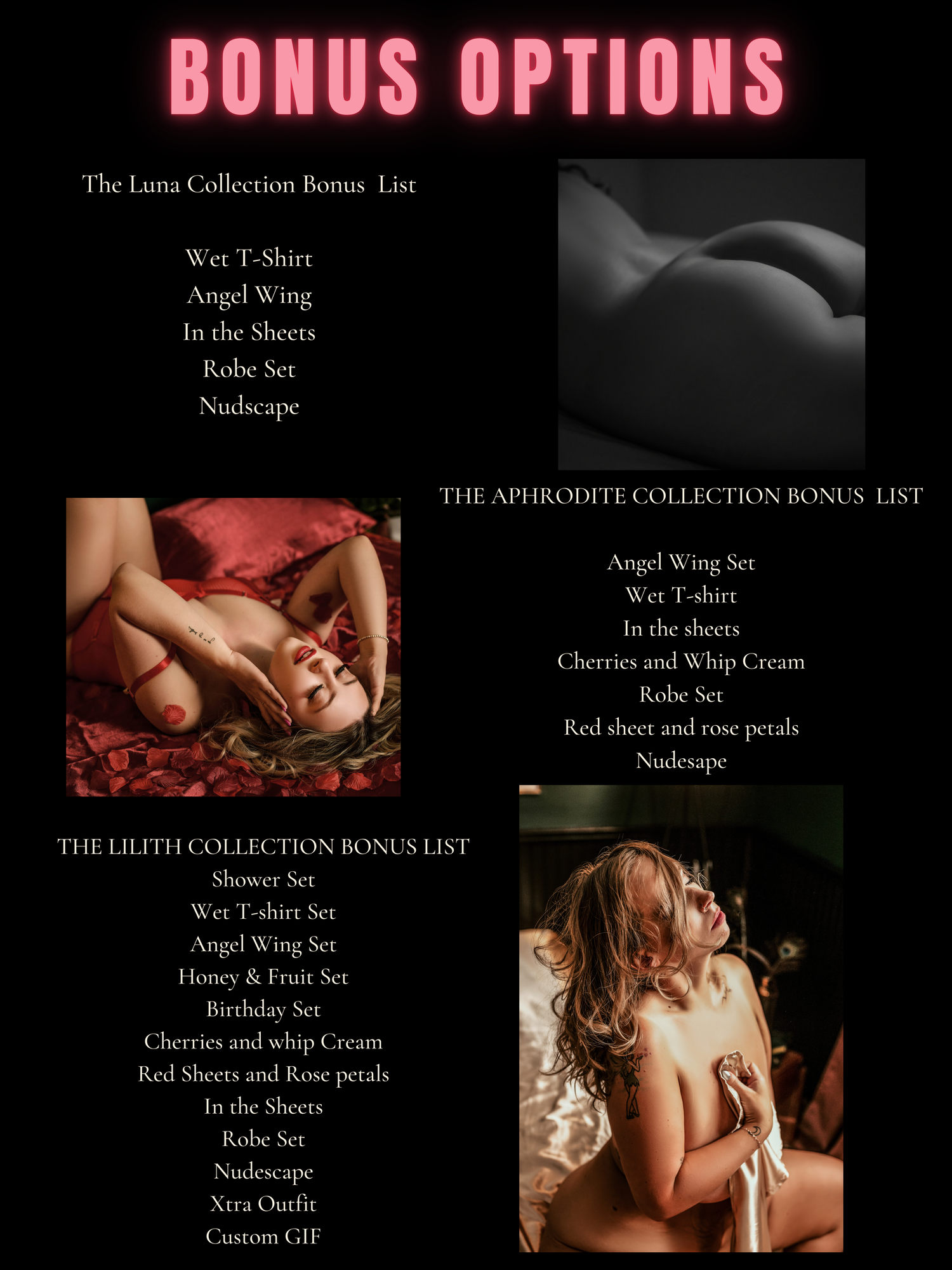 Dark themed bonus list menu showing multiple boudoir photoshoot collection options and artistic poses.
