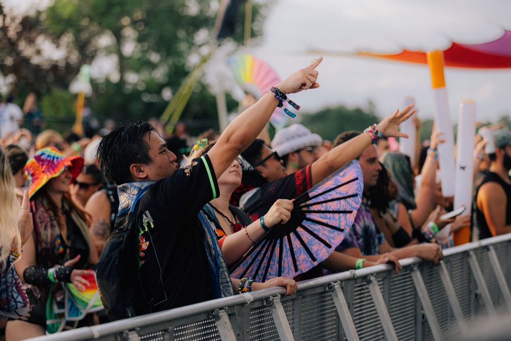Festival crowd on the rail, waving hands, holding a hand fan