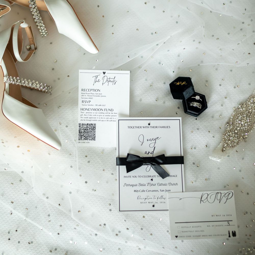 Minimalist wedding stationery set with elegant white heels and jewelry accessories.