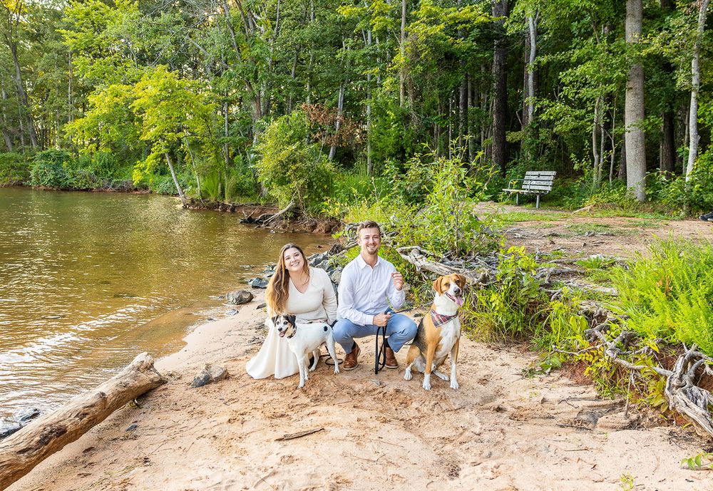 engagement session, couples session, couples photos, couple with dog, forest session, lake session, 2 dogs, golden hour, family photographer