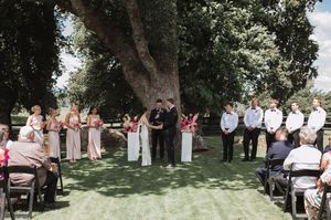 Wedding ceremony guests seated outdoors under shady trees on a sunny summer day.