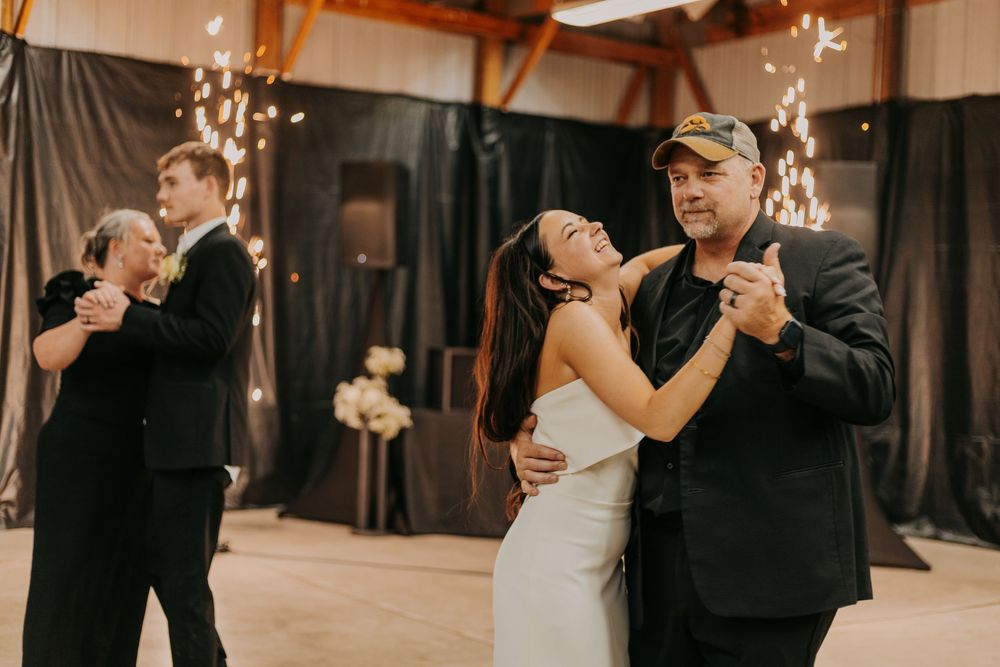 Couple dancing together in elegant formal attire during a romantic wedding celebration.