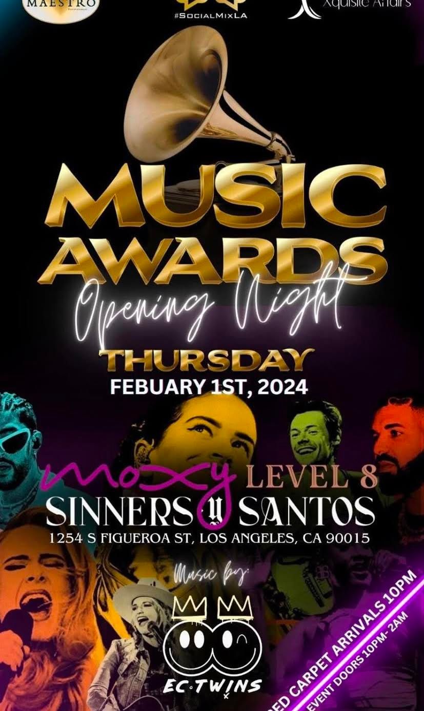 Gold text promotional poster for Music Awards Opening Night featuring vintage gramophone and colorful abstract designs.