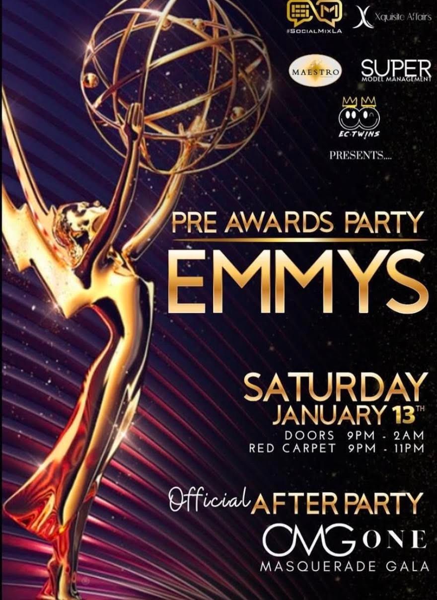 Emmy Awards Pre-Party promotional poster with golden statue against purple background.