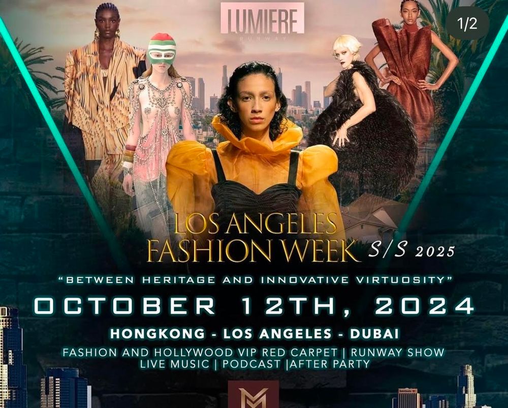 Futuristic fashion week poster promoting events in Los Angeles, Hong Kong and Dubai.