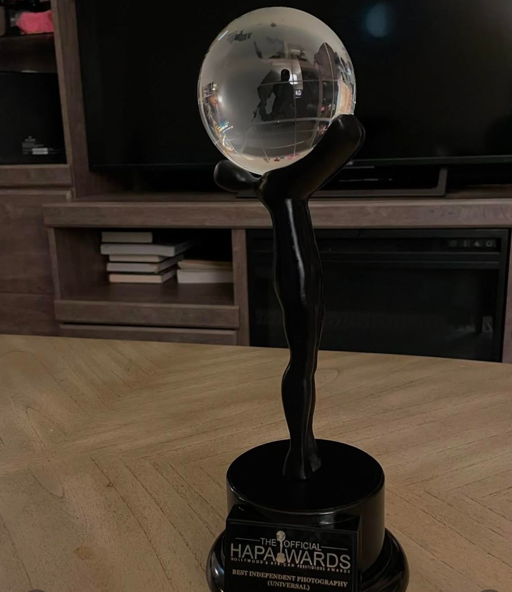 Black trophy with glass sphere on display against wooden surface.