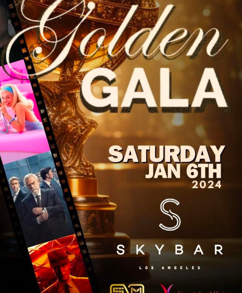 Golden Gala event poster for Skybar featuring elegant typography and event photos.