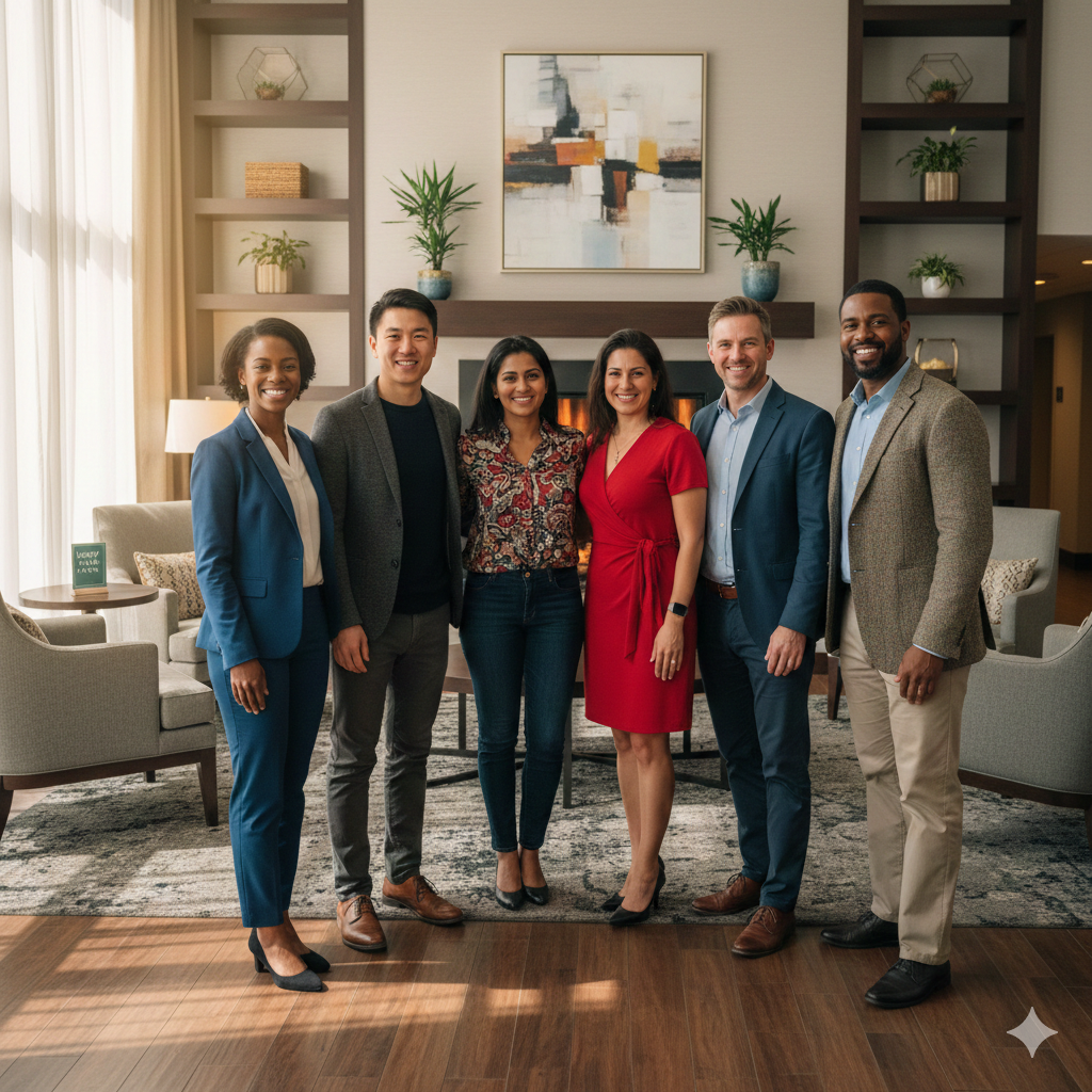 A professional business team stands together in a modern office space with plants and bookshelves in the background.