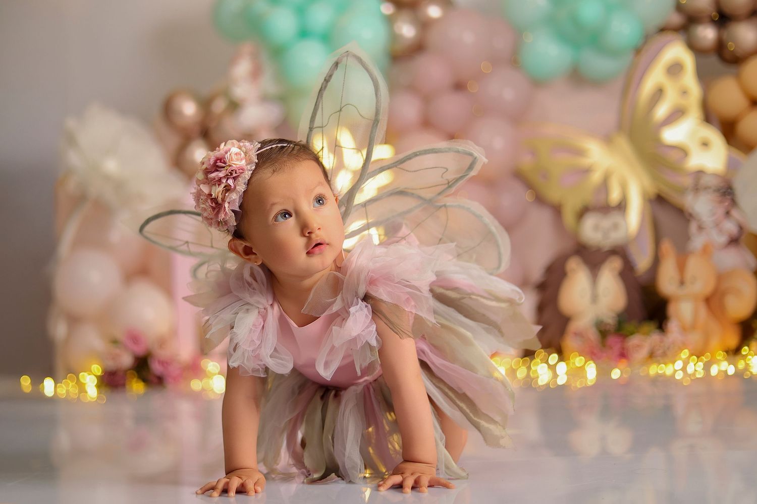 Fotógrafo Cake Smash en Quito para sesión de fotos de primer año con decoración temática y pastel personalizado en estudio.