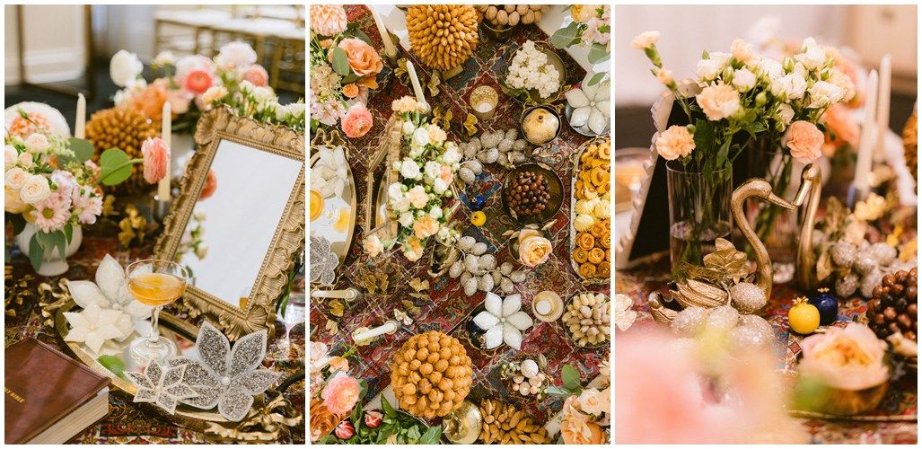 Elegant wedding table decorations featuring floral arrangements with roses, dried flowers, and rustic natural elements.