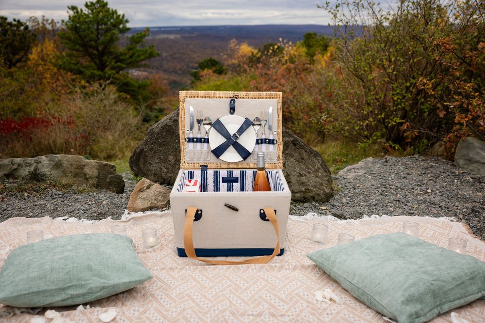 Open picnic basket with blue accents on blanket with green pillows and scenic valley view.