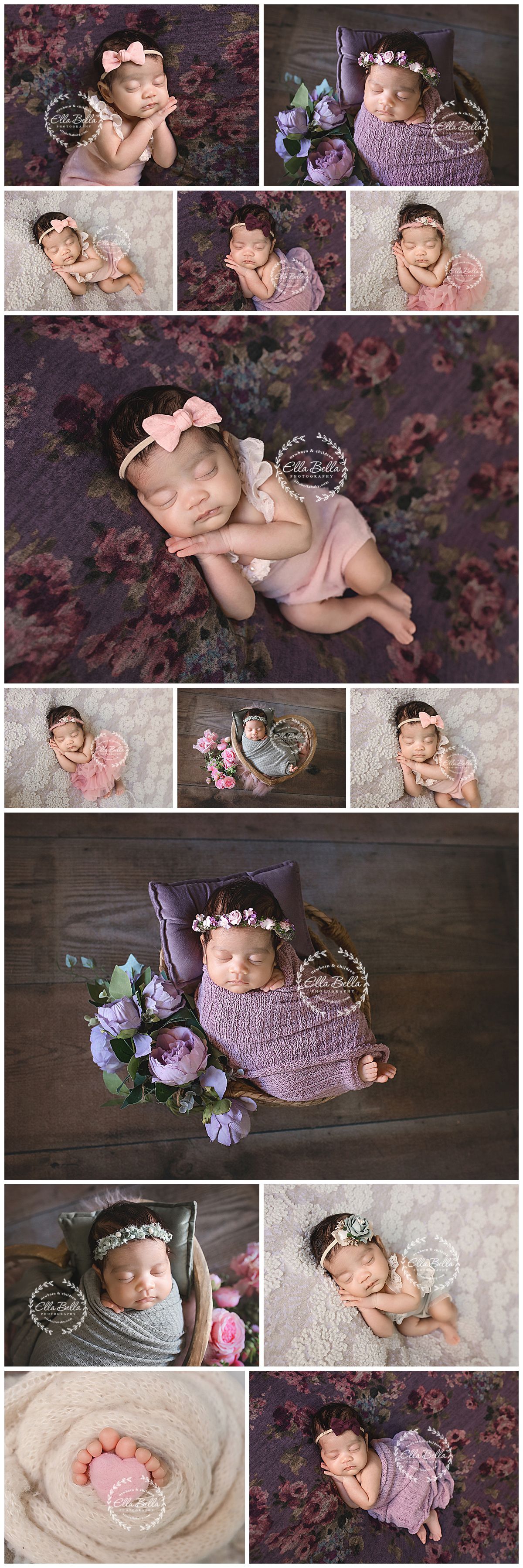 Newborn photography session featuring soft purple and pink tones with delicate floral accents and cozy knit wraps.