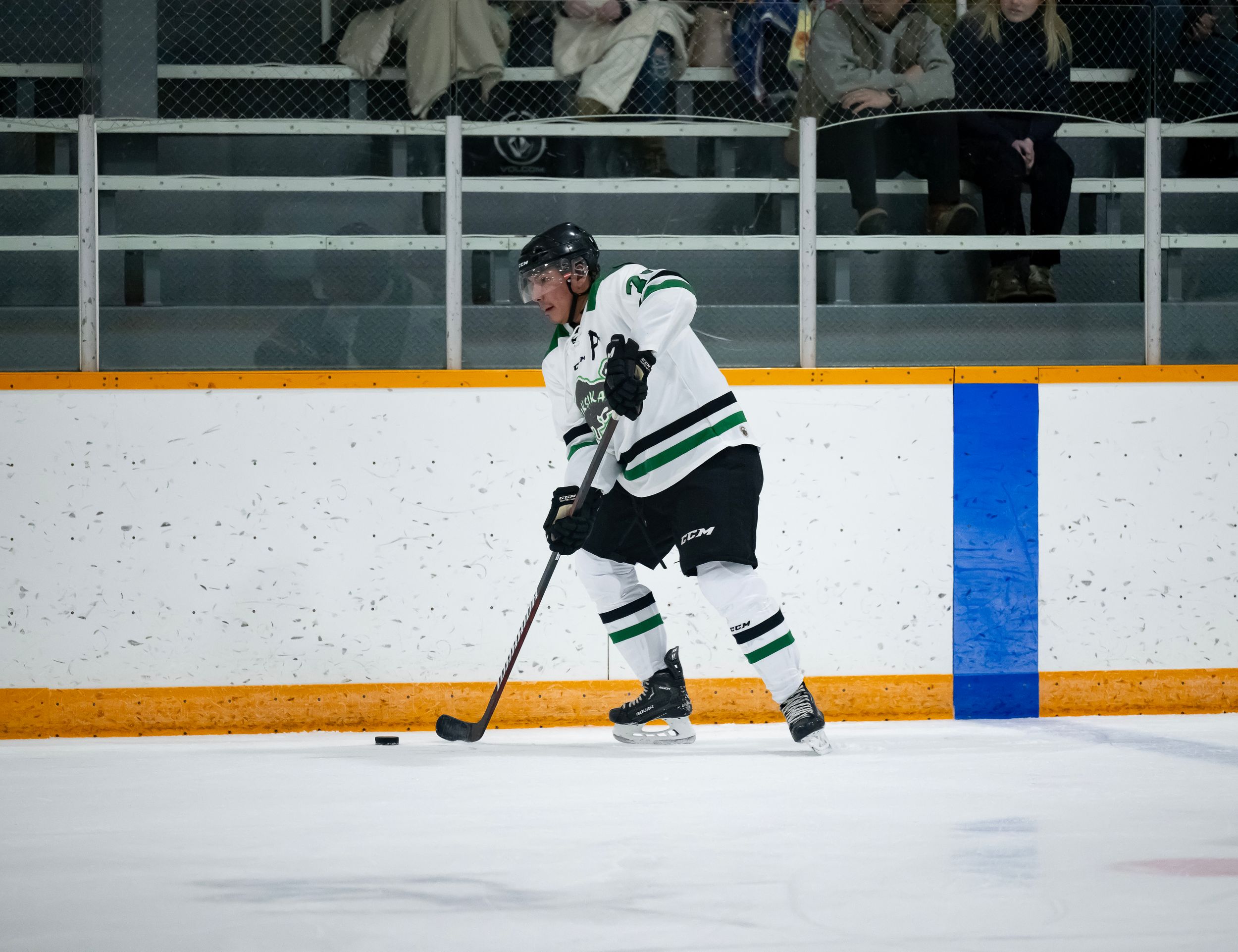Hockey player in white and black striped jersey controls puck during game on ice rink.