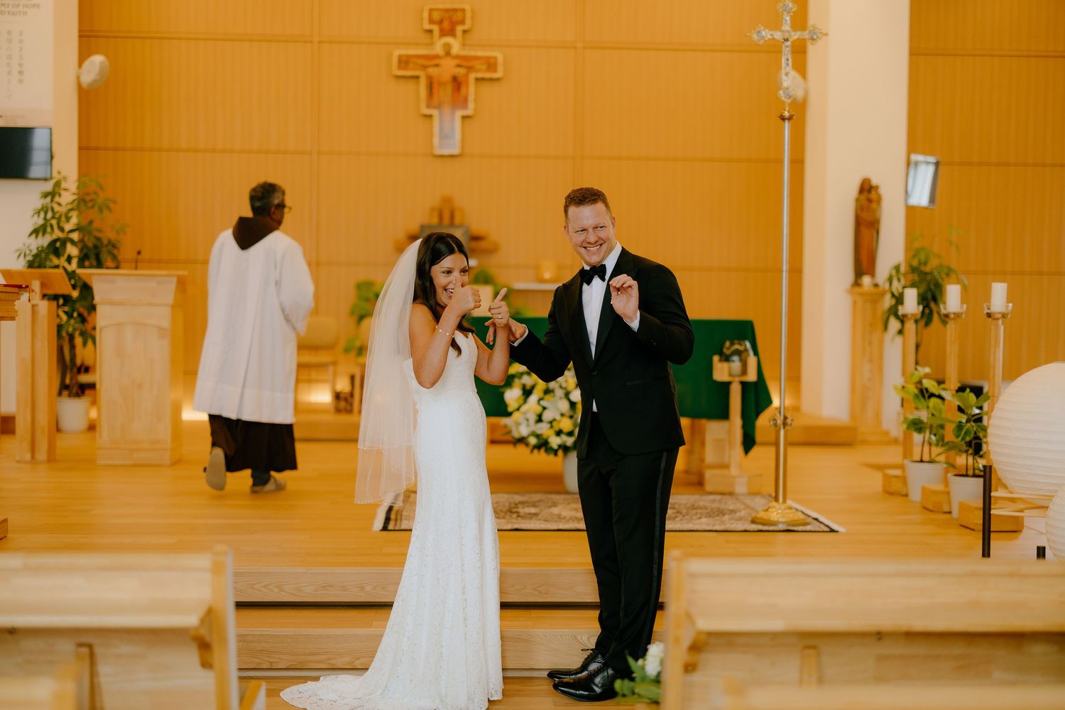 A wedding ceremony montage showing multiple angles of a church interior with golden walls and floral decorations.