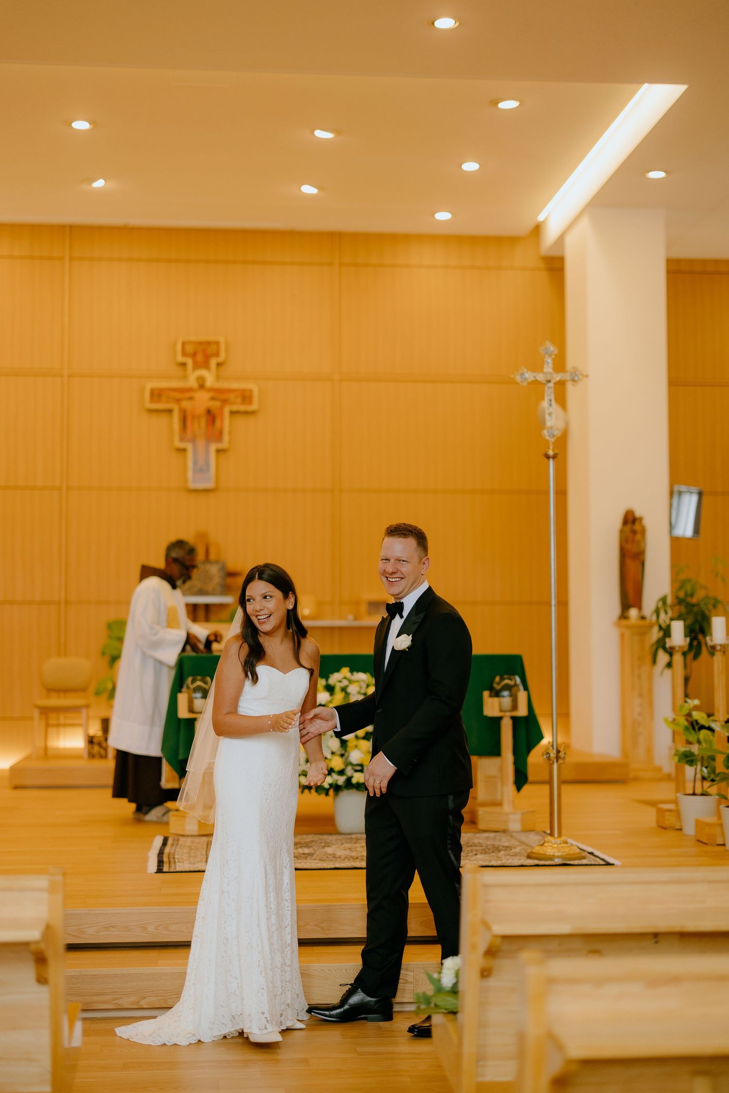 A series of wedding ceremony photos showing a couple at the altar in a warmly lit church sanctuary.