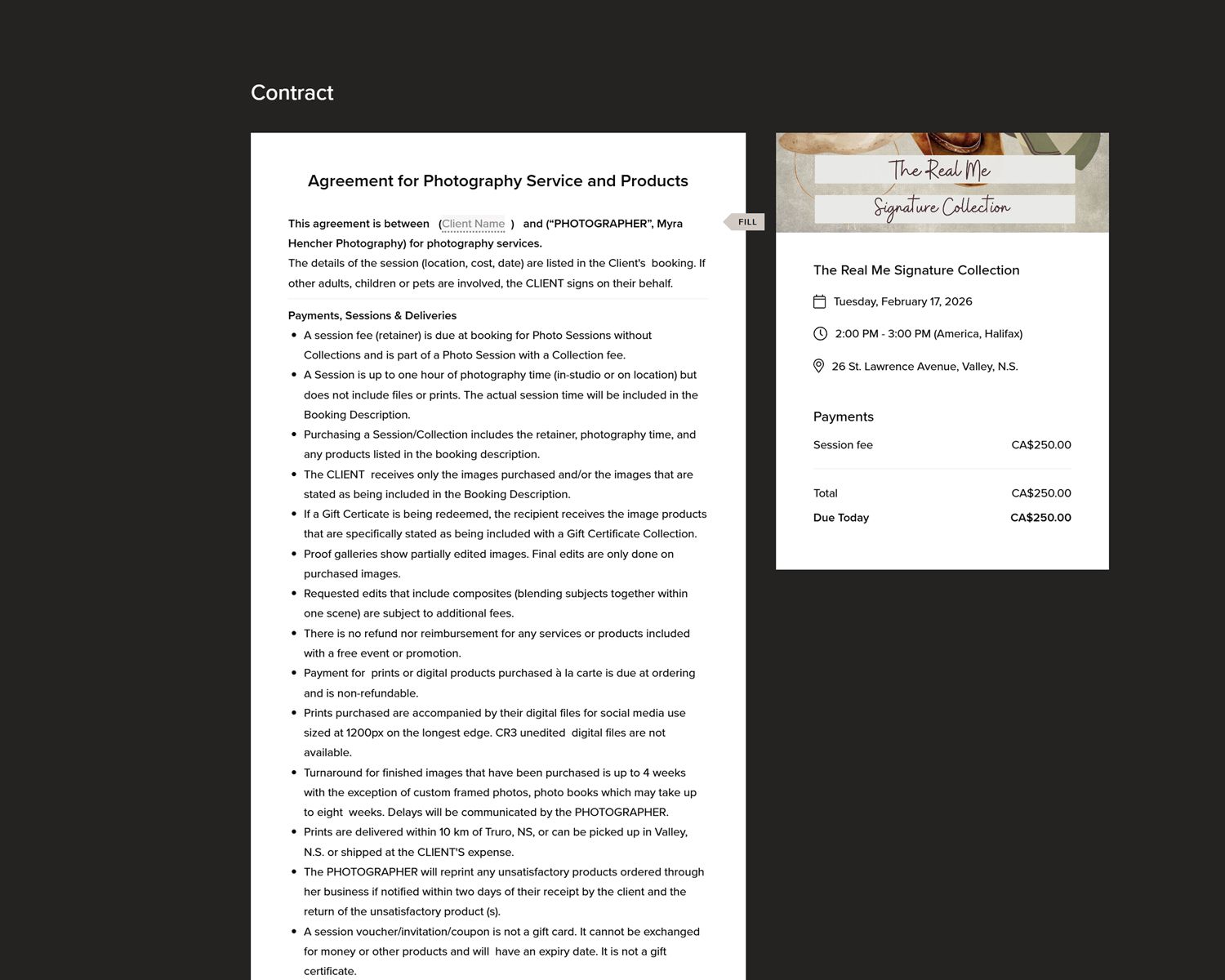 A contract or agreement document page with text content and signature fields displayed on a dark background.