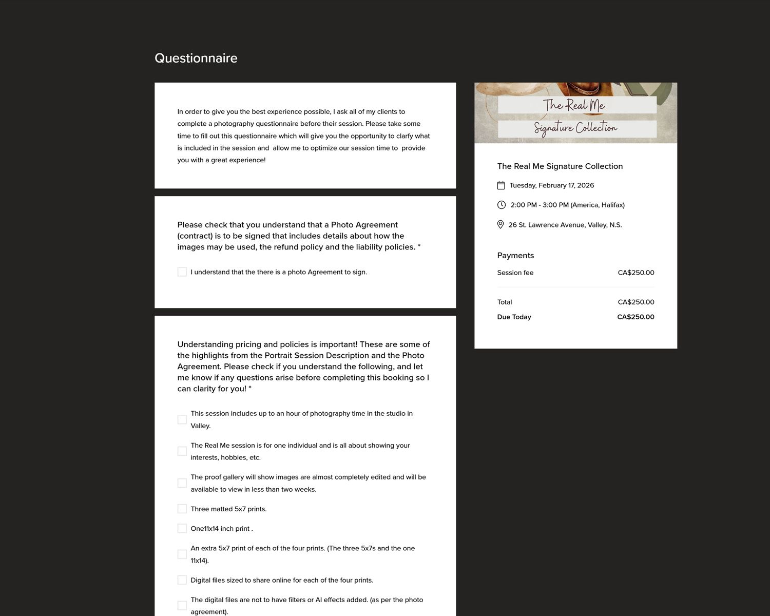A dark themed questionnaire form with white text showing multiple survey questions and response fields.