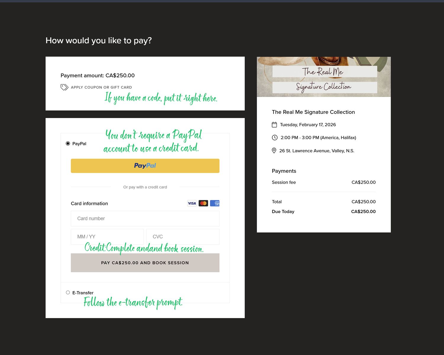 A payment processing interface showing checkout options and form fields on a light background.