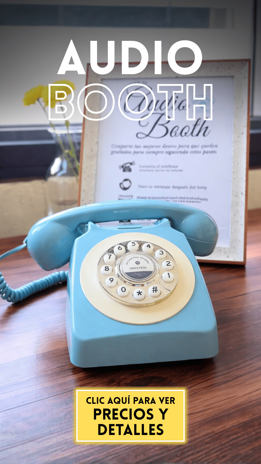 A vintage light blue rotary telephone with white dial sits on a wooden surface in multiple views.