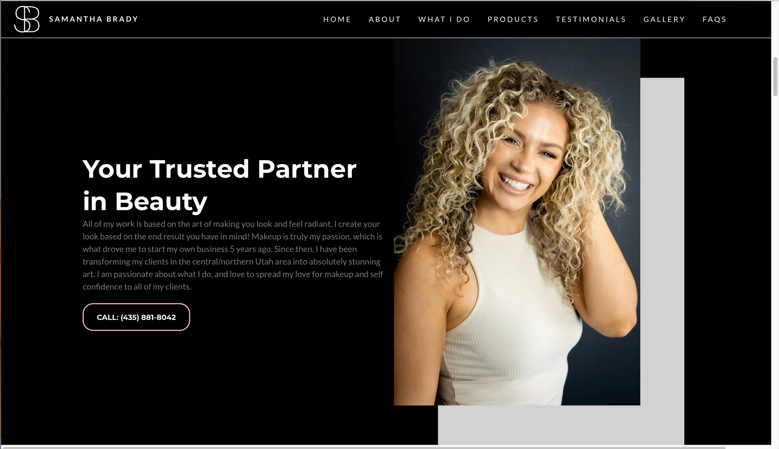Professional beauty company website homepage featuring branded content and a white sleeveless top against dark background.