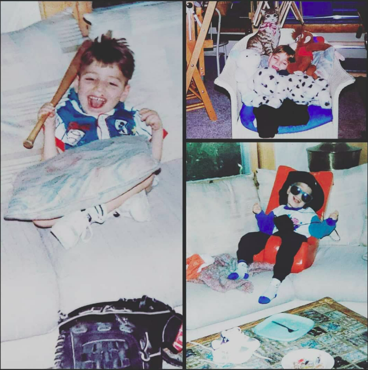 A collage of retro childhood photos showing a kid in a winter scene with skis and snow gear.