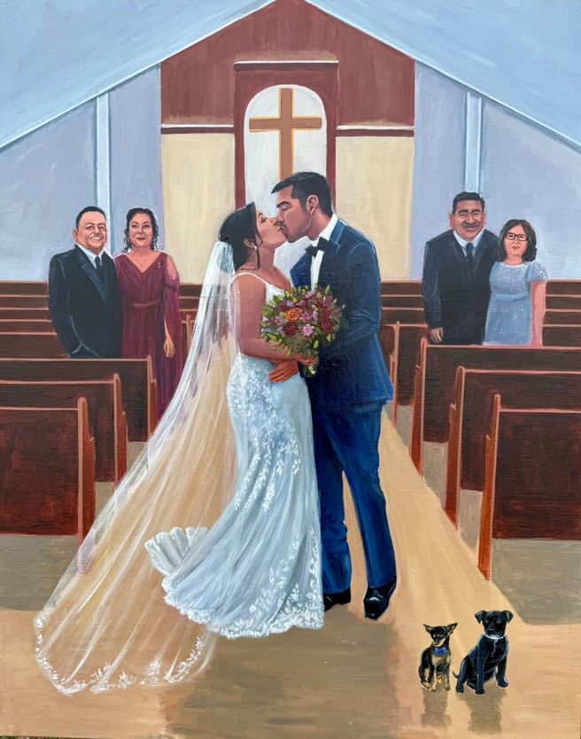 Live wedding painting of a first kiss at San angelo texas. painting of bride and groom kissing with their family members and dogs included