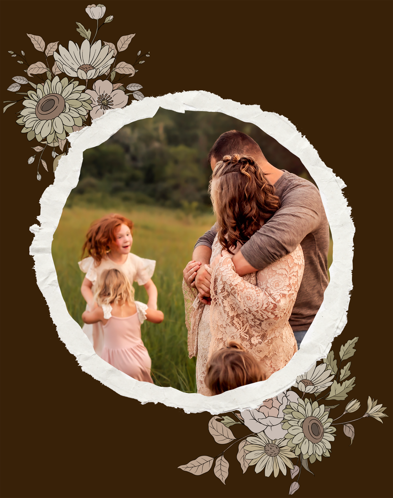 A circular vintage-style photo with floral border shows a romantic outdoor scene in a grassy field during golden hour.