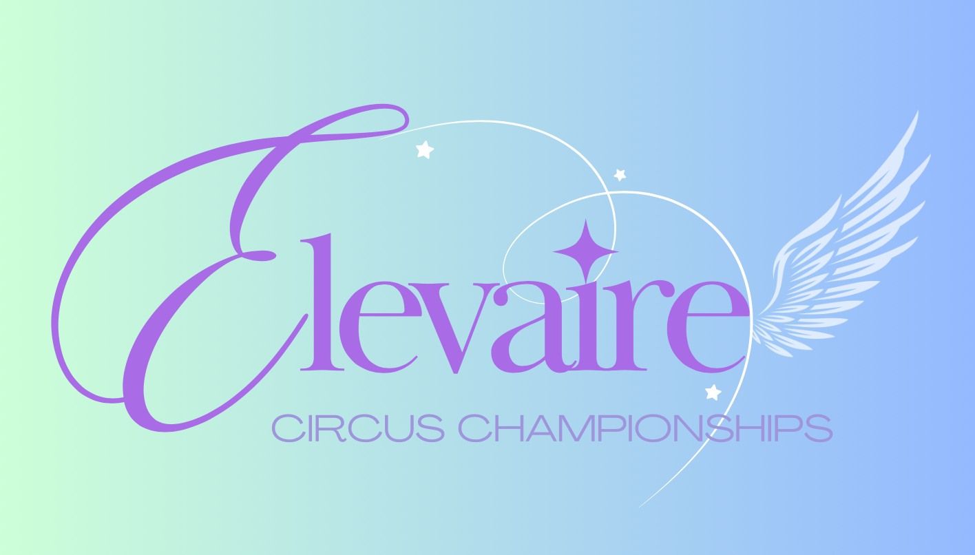 Elegantly designed Elevaire circus championships logo with purple cursive text and white wing accent on gradient background.