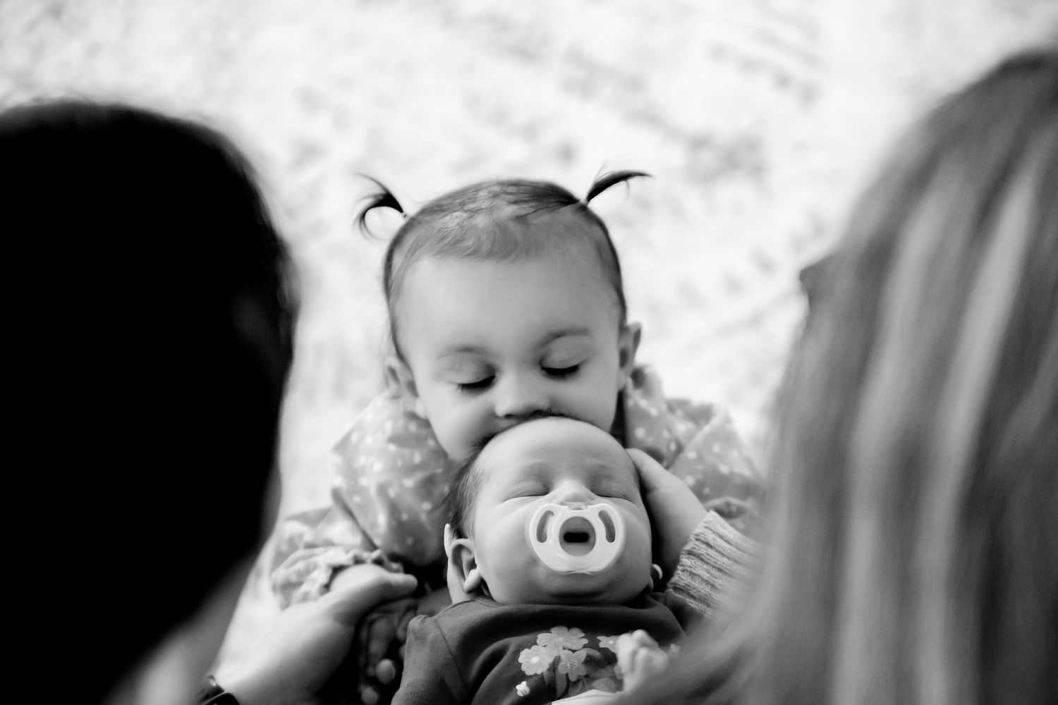 Black and white photo of a baby with pigtails looking down at a plush toy while between two adults.