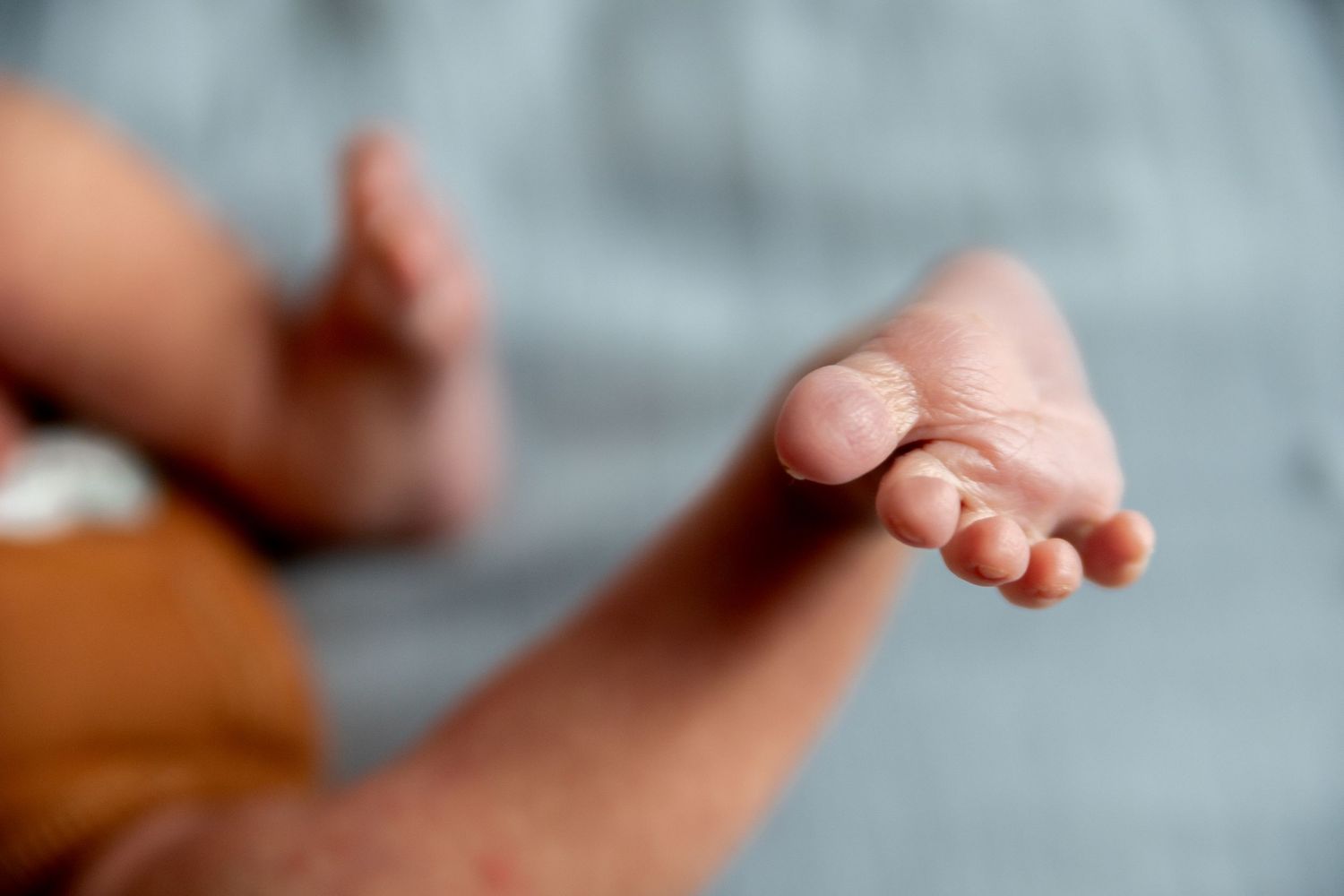 Close-up view of a tiny baby foot with delicate toes against a soft, blurred background.