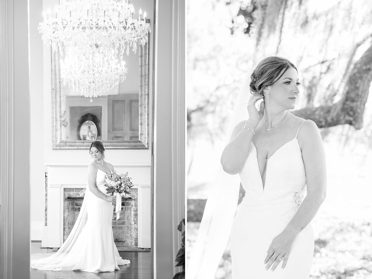 Black and white bridal portrait of an elegant bride in a fitted gown, posed indoors by fireplace and outdoors among trees.
