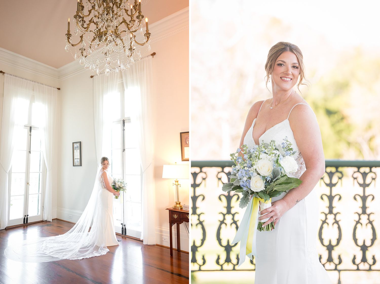 Elegant bride in white gown with long train stands by tall windows, then poses on balcony holding blue and white bouquet.
