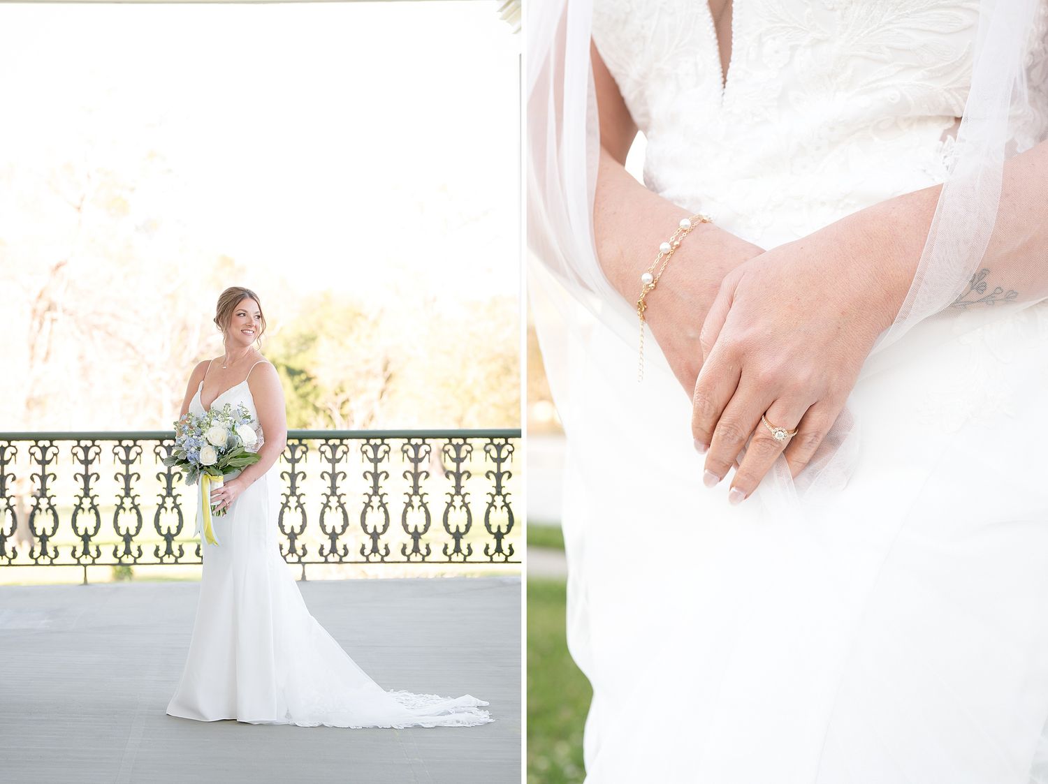 Elegant bride in white mermaid gown holding bouquet on ornate balcony, with close-up of delicate bracelet and ring.