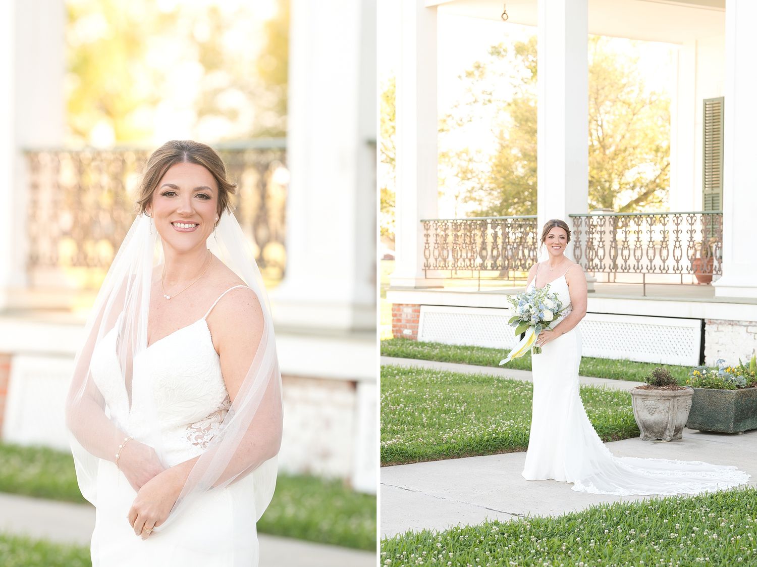 Elegant bride in white gown and veil poses outdoors at a classic venue with columns and lush greenery.
