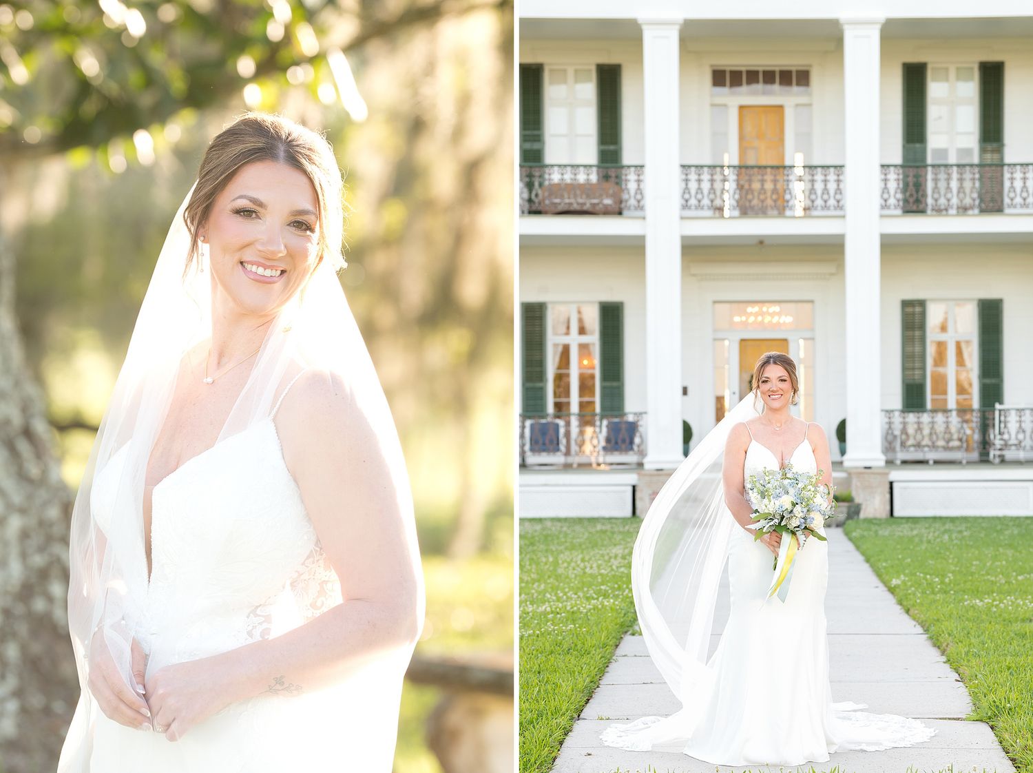 Bride in white gown and veil poses outdoors and in front of elegant Southern plantation home.