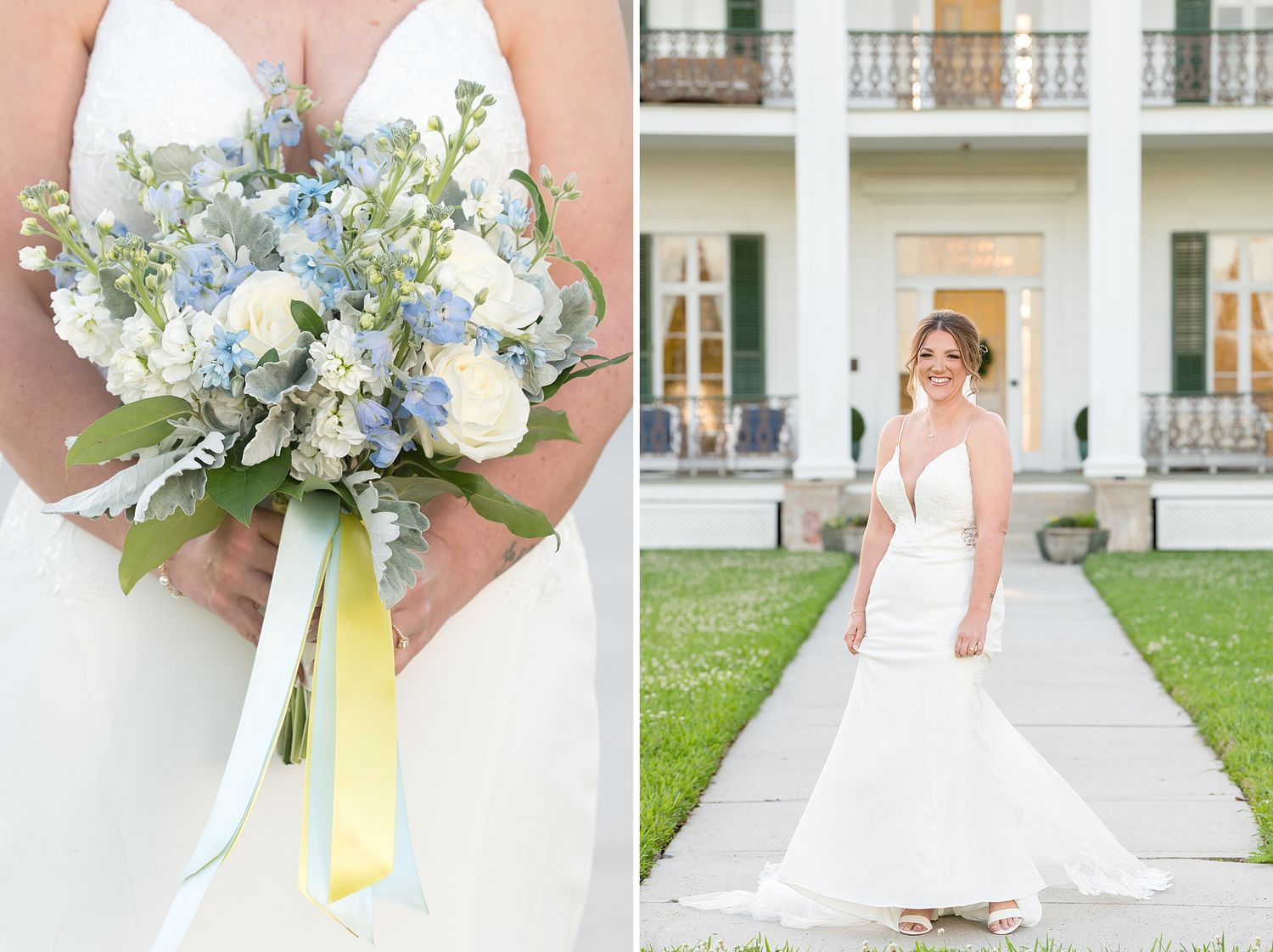Bride holding a blue and white wedding bouquet with yellow ribbon, standing outside an elegant white mansion.