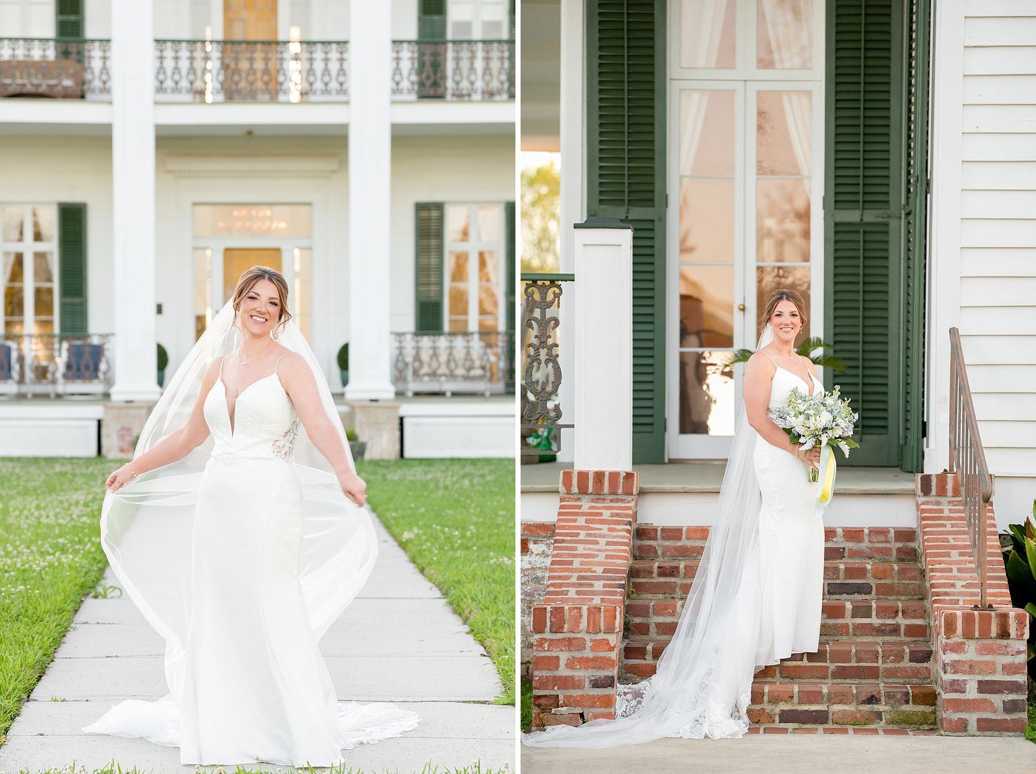 Bride twirls her flowing white wedding gown and veil outside a classic Southern plantation mansion.