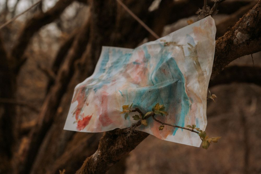 Colorful painted paper caught on bare tree branches in a moody outdoor setting.