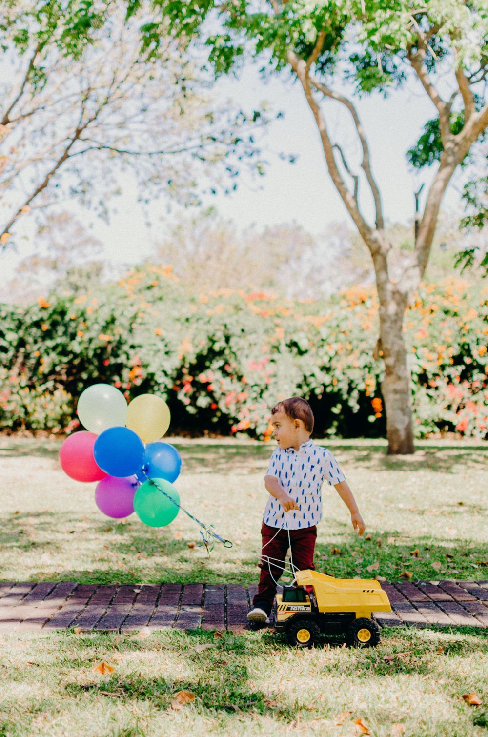 A child with a toy dump truck and colorful balloons playing in a sunny garden.
