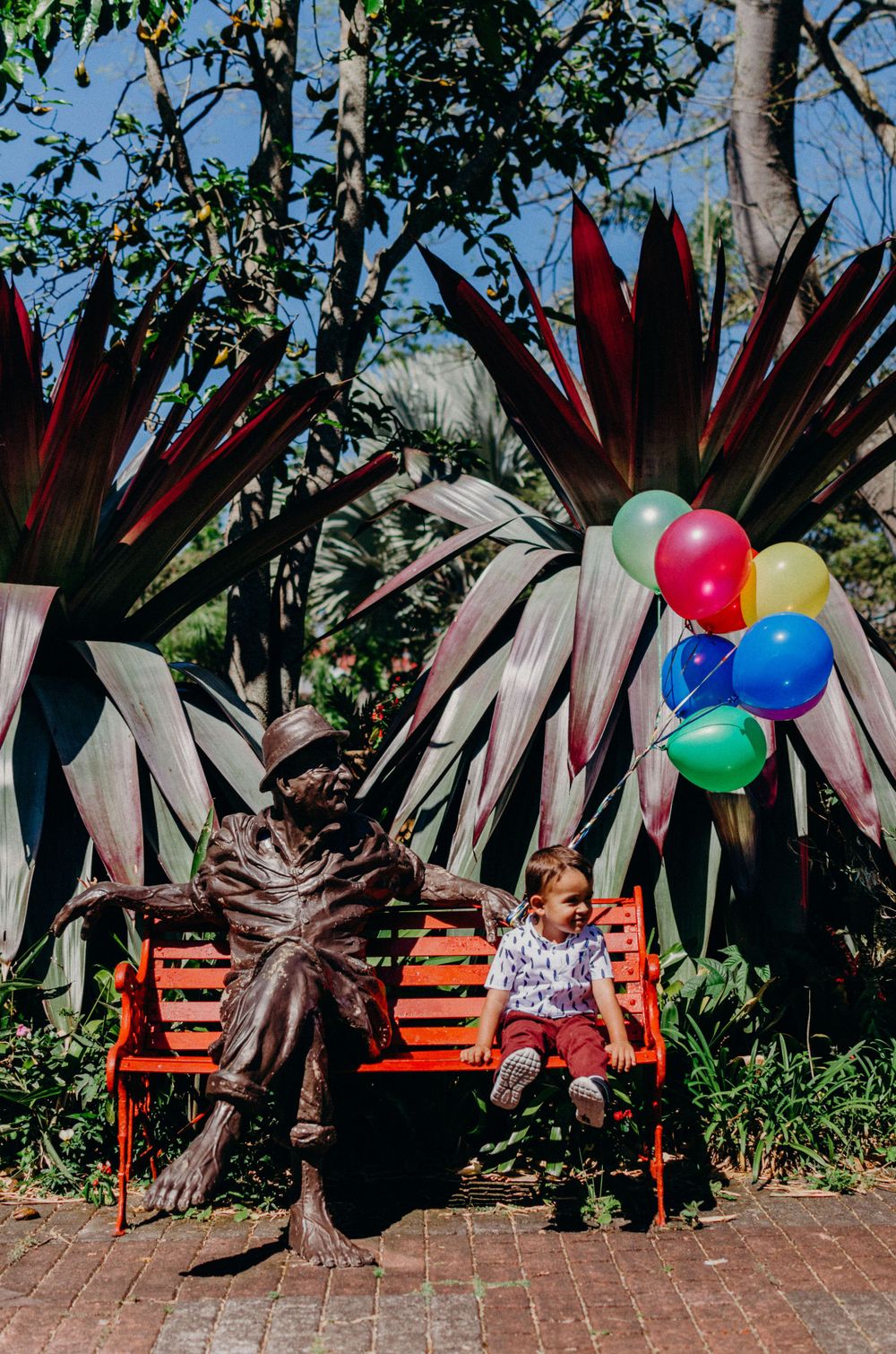 Colorful balloons tied to an orange bench surrounded by tropical plants in a garden.