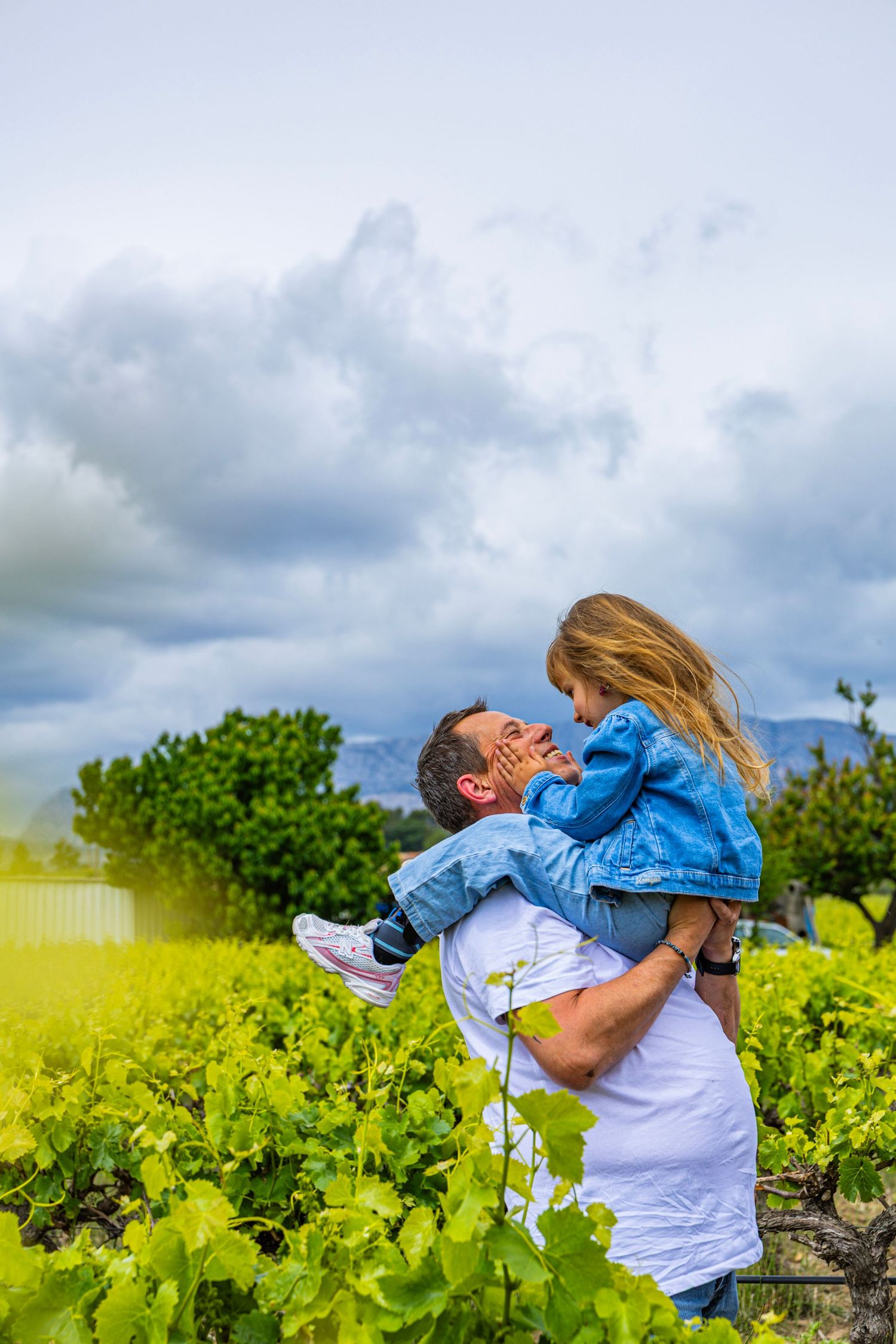 Papa soulevant son enfant dans un champ d’iris pendant un shooting famille en Provence