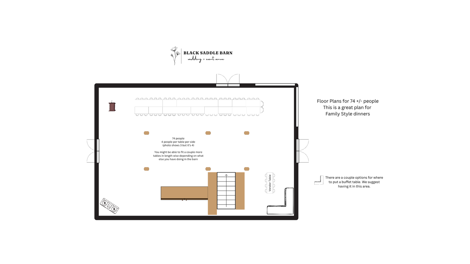Barn wedding floor plan for 74 guests more or less featuring intimate harvest table layout and open circulation paths.