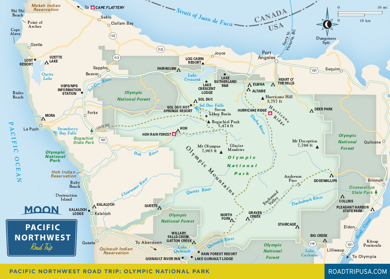 Map of Pacific Northwest Road Trip featuring Olympic National Park with routes, cities, and geographic landmarks in Washington state.