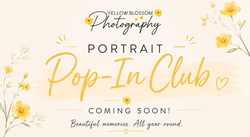 Yellow Blossom Photography Portrait Pop-In Club promotional banner with yellow flowers and cursive text on cream background.