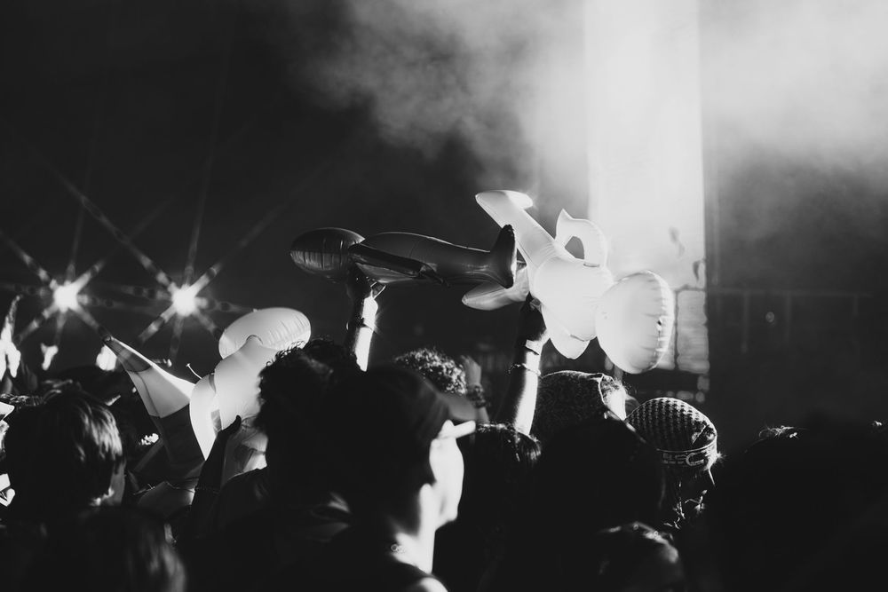Black and white photo of a crowd at a live music concert with dramatic stage lighting and smoke effects.
