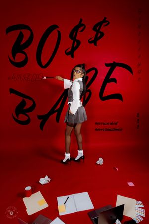 Young woman in school uniform poses confidently against red background with bold Boss Babe typography and scattered papers.