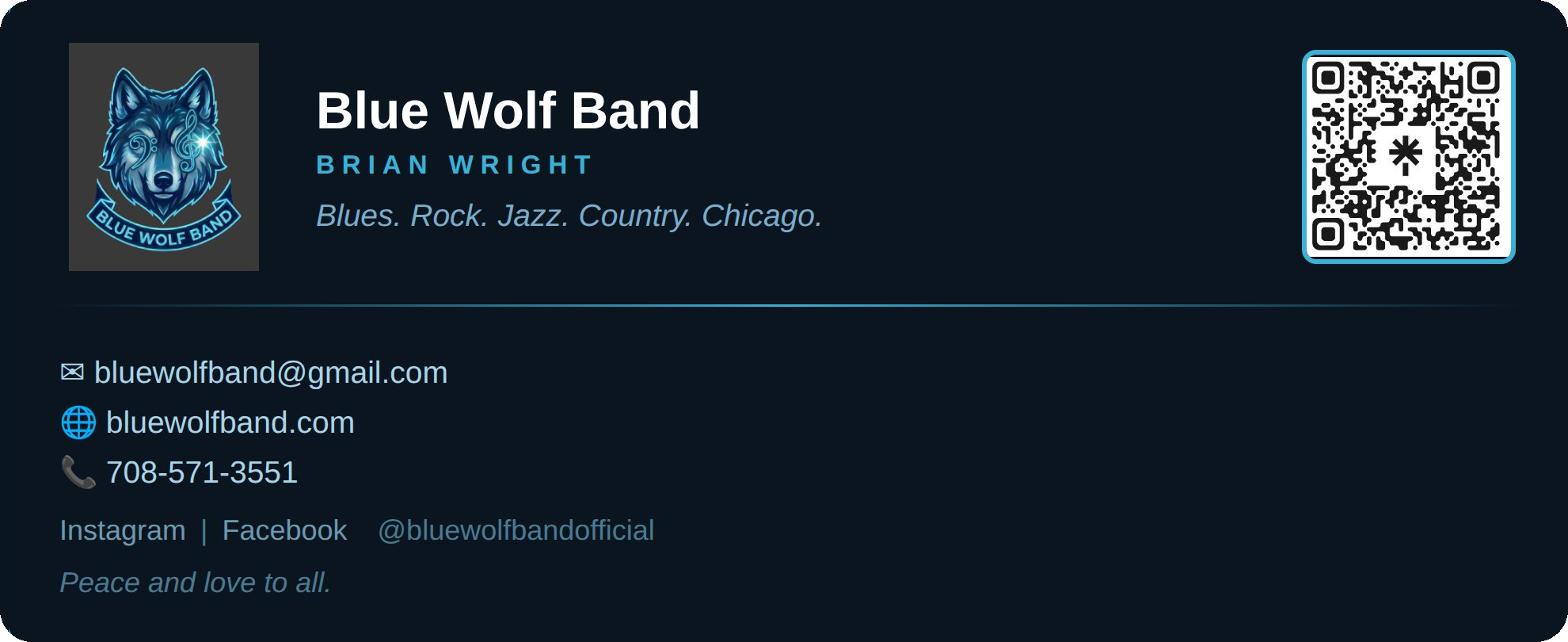 Blue Wolf Band Brian Wright business card featuring blues rock jazz country Chicago contact info.