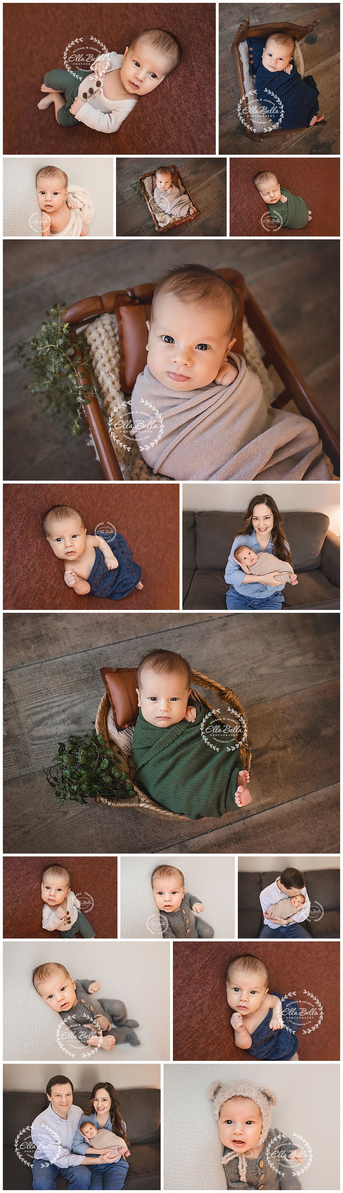 Newborn baby boy photography collage featuring infant posed in baskets, wraps, and held by siblings in warm tones.