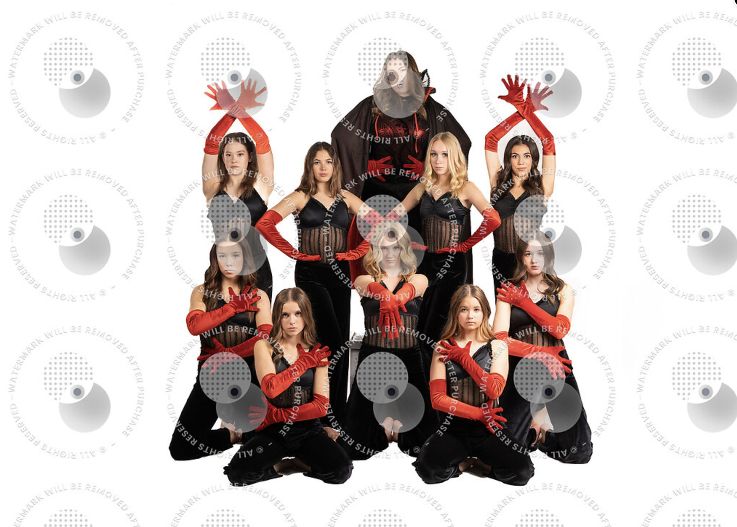 Group of women in black and red outfits with gloves posing for a dramatic themed dance or performance team photo.