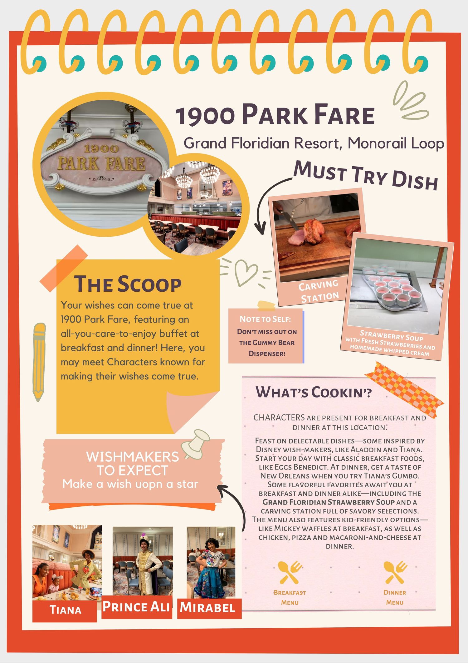 Vintage-style menu card featuring 1900 Park Fare restaurant details and must-try dishes at Grand Floridian Resort.